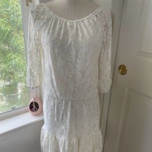 Vintage Off-White Sheer Lace Midi Dress, Romantic Cottagecore Prairie Aesthetic